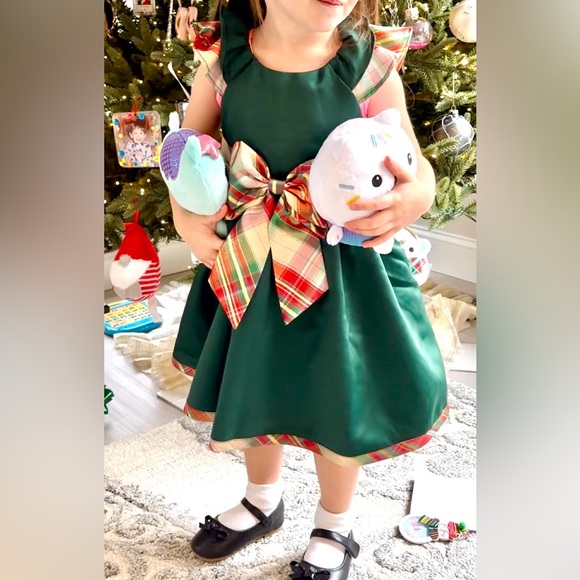 Rare Editions Hunter Green Satin and Plaid Holiday Dress - Picture 2 of 3
